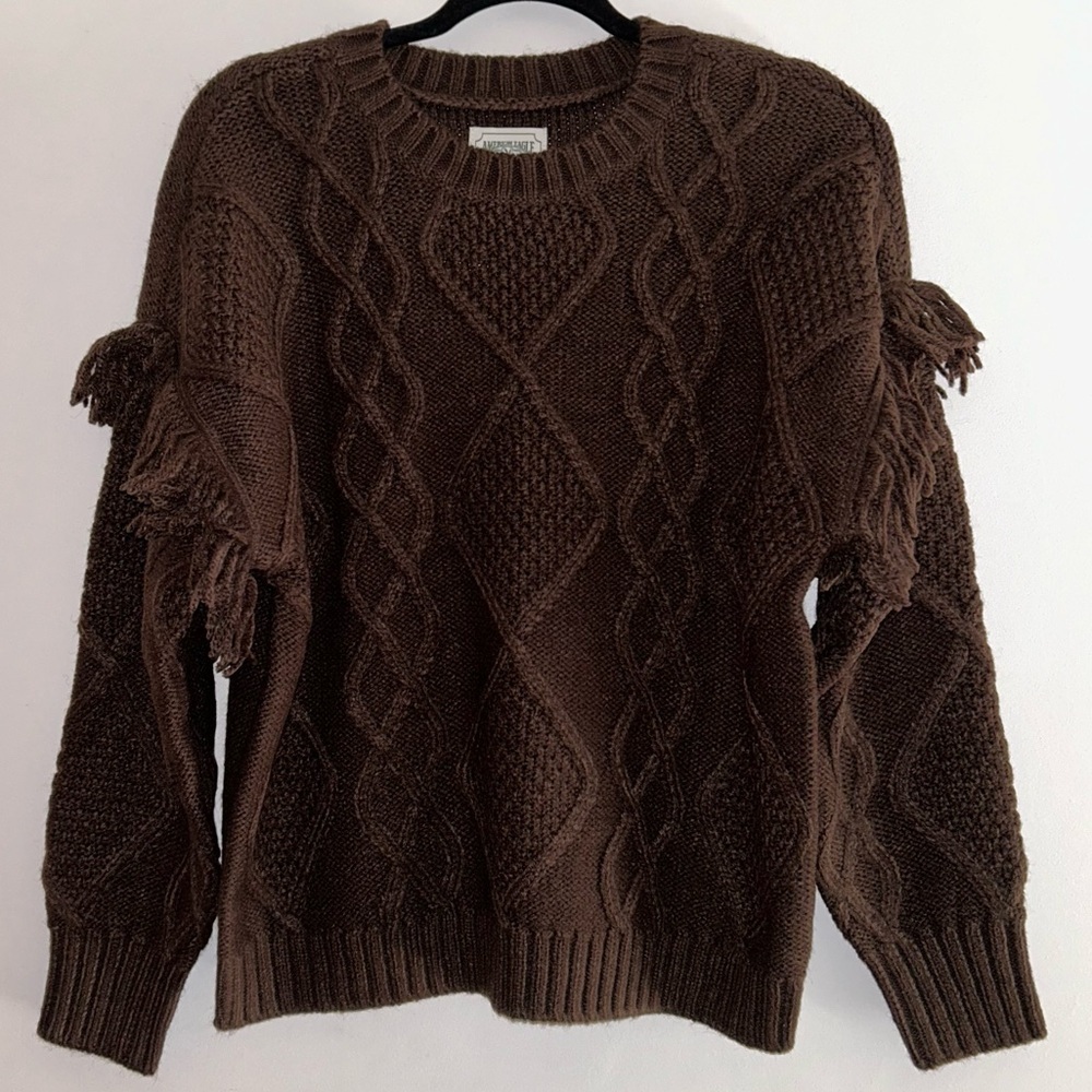 American Eagle Fringe Sleeve Sweater Brown Small NWT